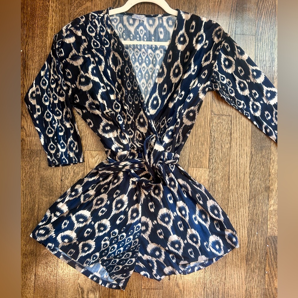 Abbeline Dark Navy w/ Peacock Cream and Brown Print Romper